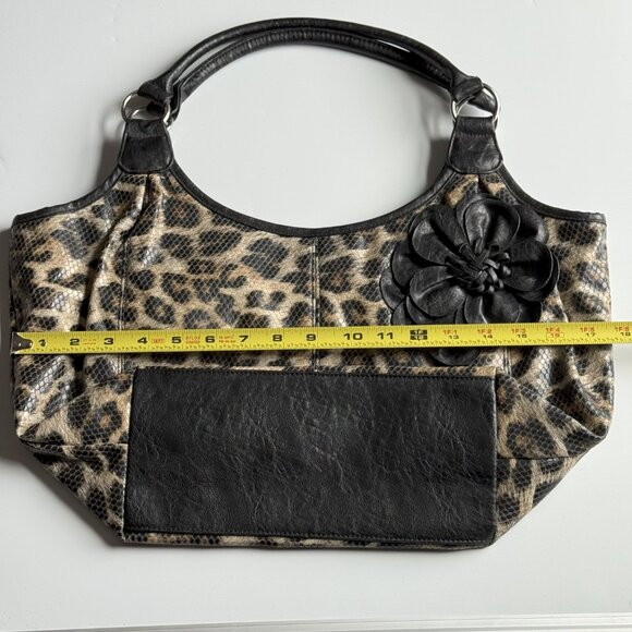Leopard Print Handbag with Black Flower Accent - Picture 11 of 13